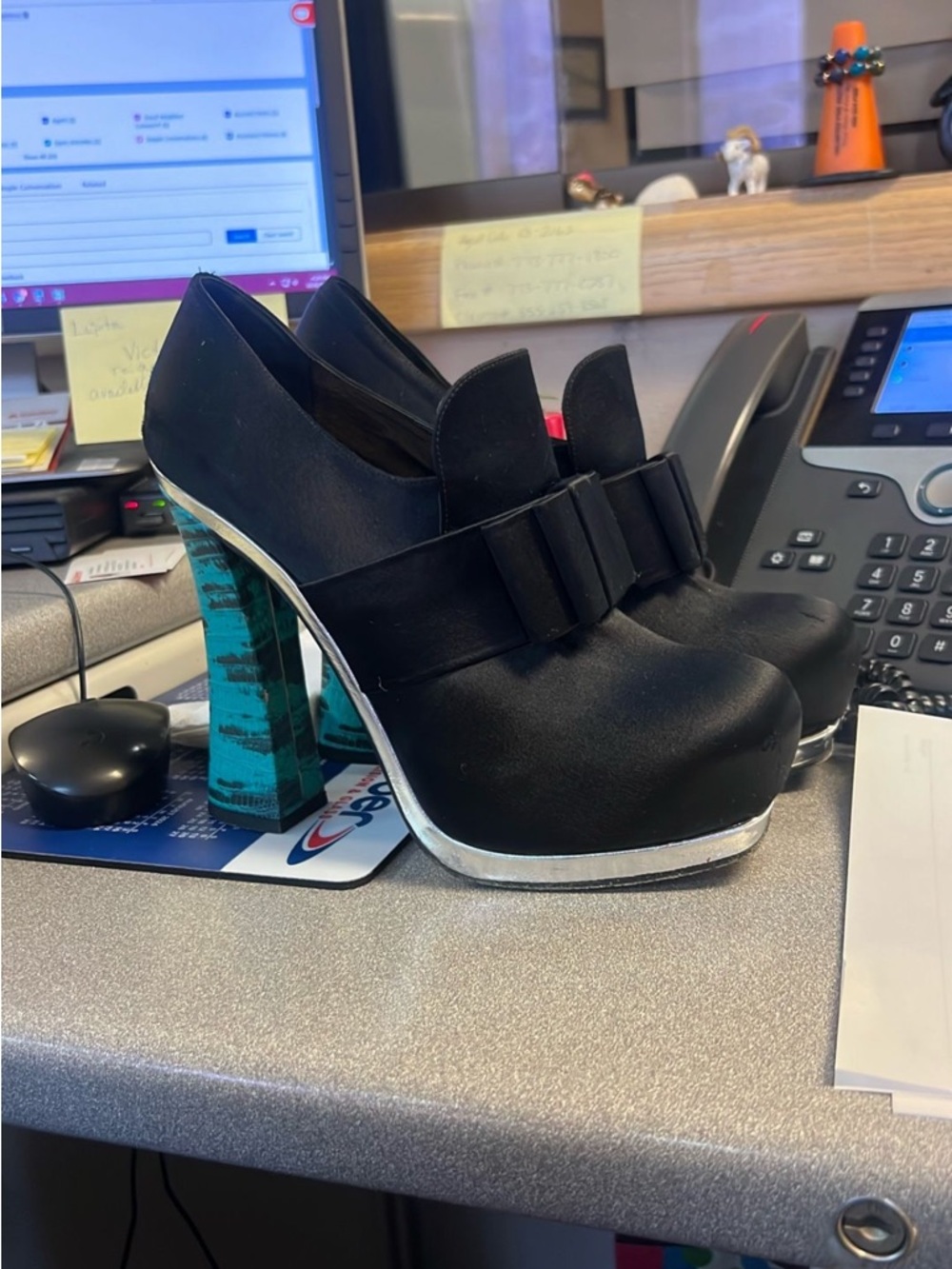 Miu Miu Black Platform Heels with Teal Patterned Block Heel